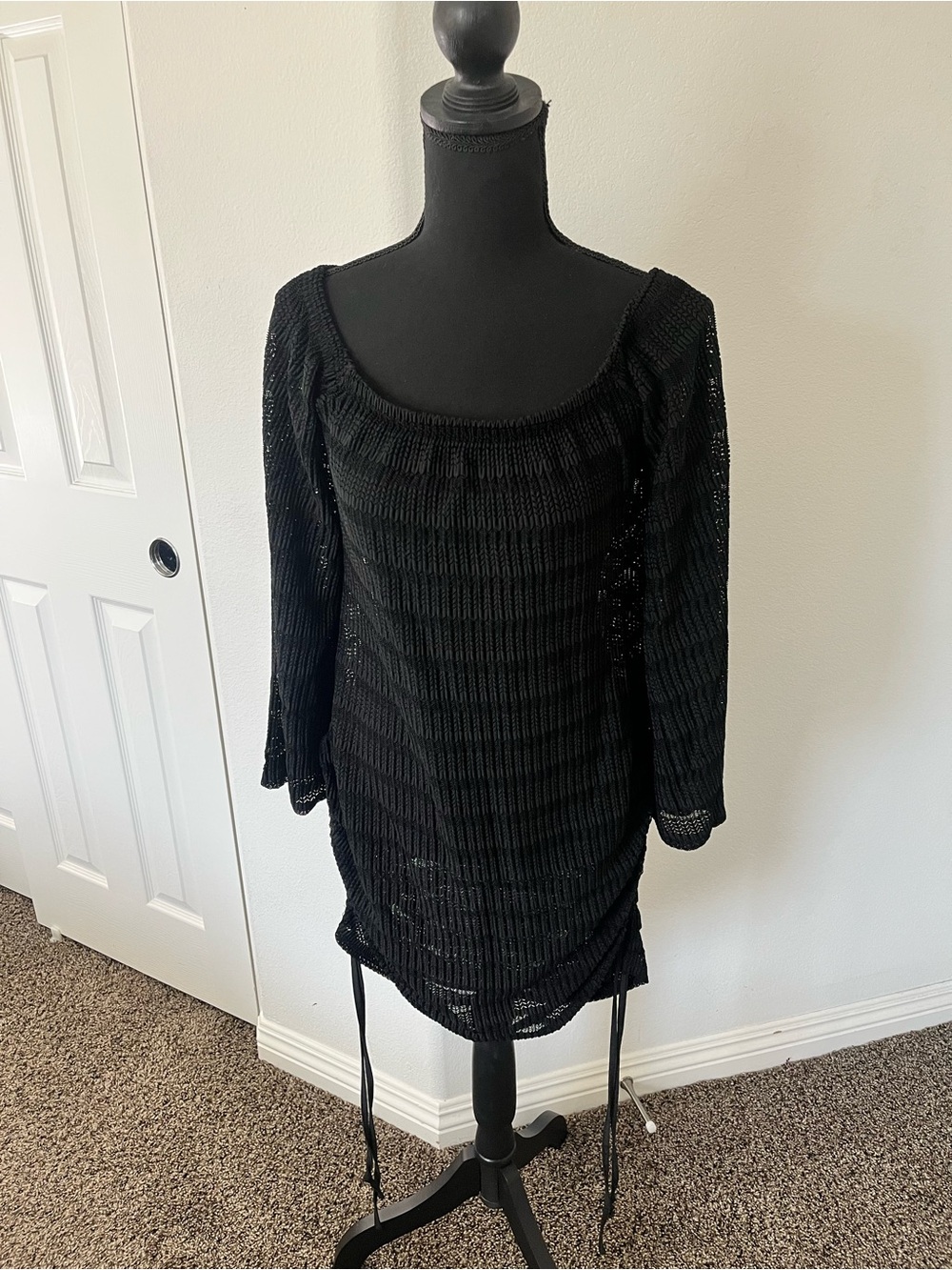 Black Sheer Knit Long Sleeve Tunic swimsuit, cover-up.